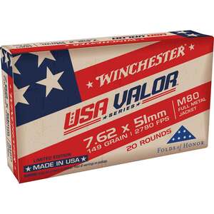 Winchester USA Valor 7.62mm NATO 149gr Full Metal Jacket Centerfire Rifle Ammo - 20 Rounds