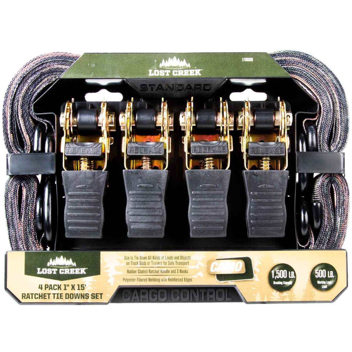 Lost Creek 4 Pack Camo Ratchet Tie Down Set - 15ft - Camo Lost Creek 4 Pack Camo Ratchet Tie Down Set - 15ft - Camo