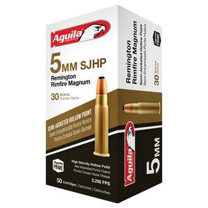 Aguila 5mm Remington Rimfire Magnum 30gr SJHP Rimfire Ammo - 50 Rounds Aguila 5mm Remington Rimfire Magnum 30gr SJHP Rimfire Ammo - 50 Rounds