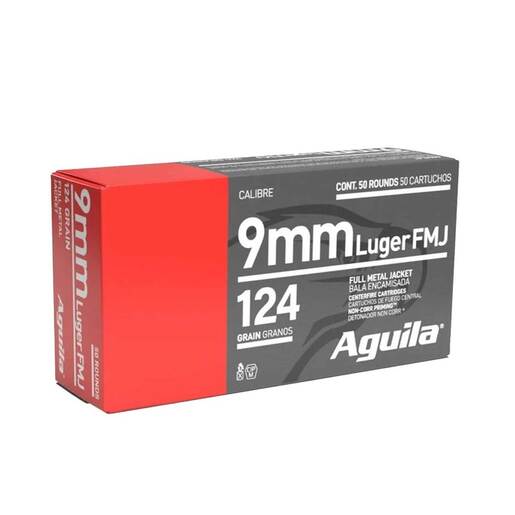 Aguila 9mm Luger 124gr Full Metal Jacket Handgun Ammo Ammo - 50 Rounds Ammo - Brass 50 Rounds - Brass Ammo