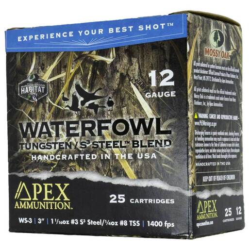 Apex Ammunition Tungsten/S3 Steel Mossy Oak Shadowgrass Habitat Blend 12 Gauge 3in #3/8 1-5/16oz Waterfowl Shotshells – 25 Rounds – #3/8