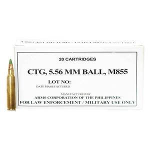 Armscor M855 Ball 5.56mm NATO 62gr Full Metal Jacket Rifle Ammo - 20 Rounds