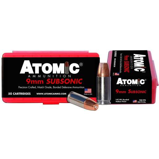 Atomic Ammunition Pistol Subsonic 9mm Luger +P 147Gr BMHP Handgun Ammo - 50 Rounds