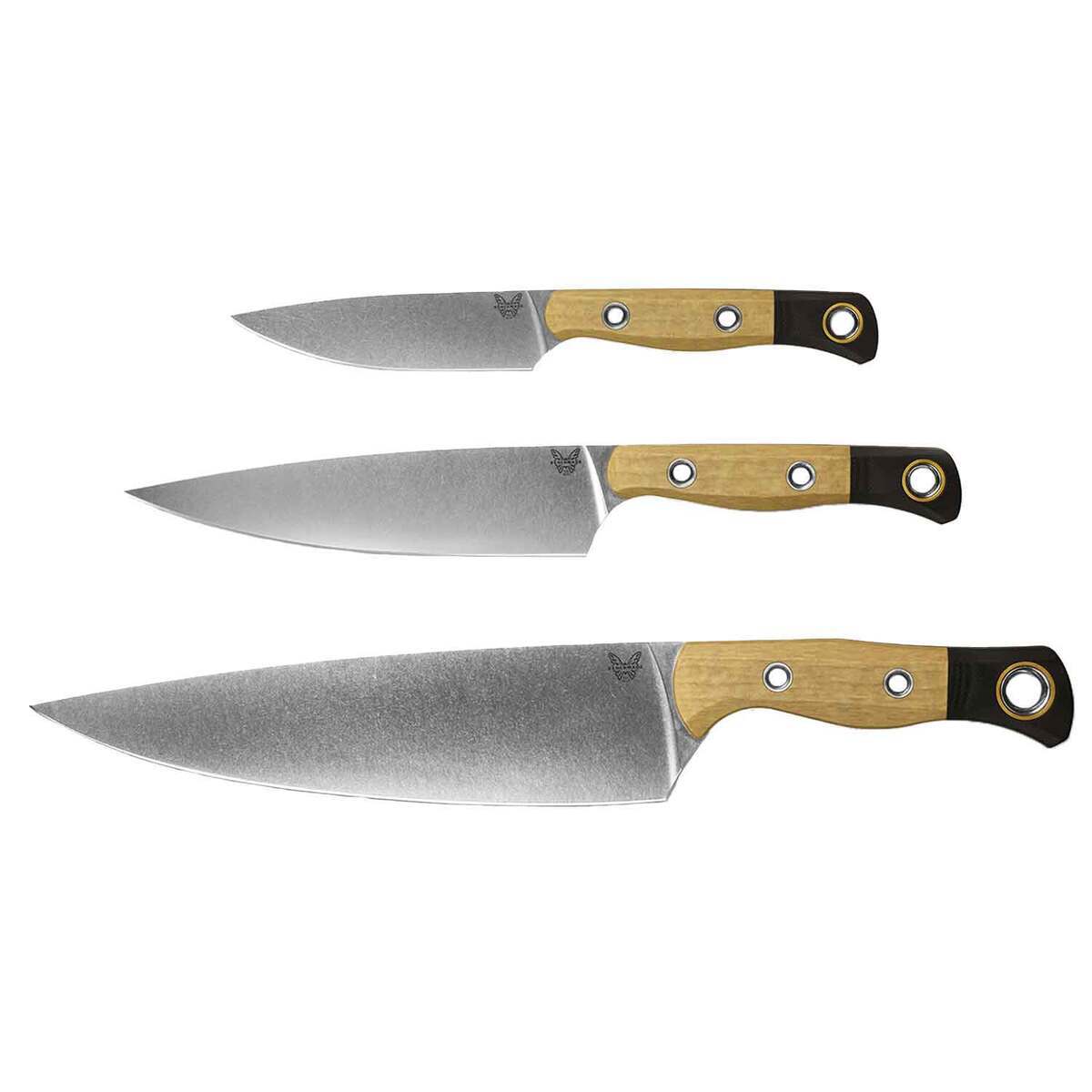 Benchmade 3 Piece Kitchen Knife Set, Stonewashed Blades, Tan