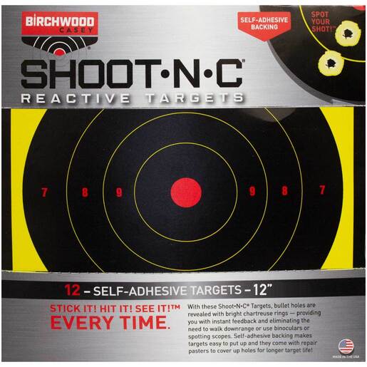 Birchwood Casey Shoot-N-C Adhesive Paper Target – 12 pack – Yellow Paper, Black Target, Red Accents
