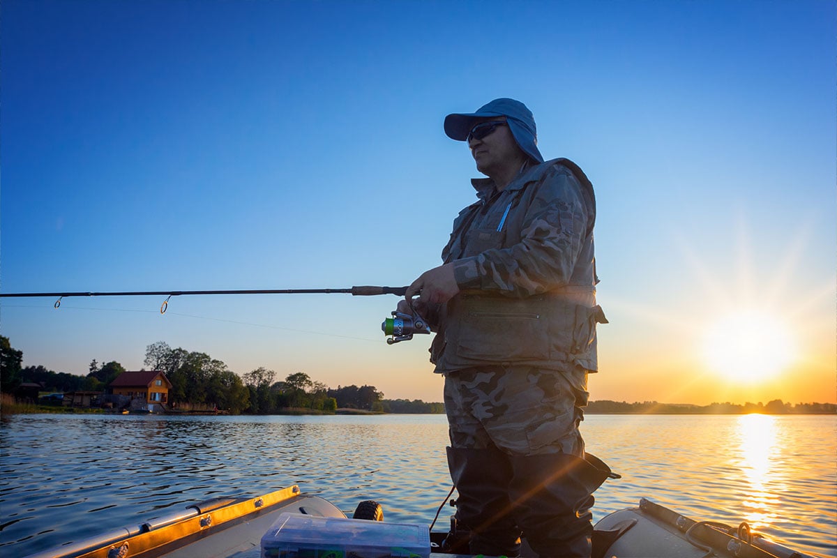 Man bass fishing in boat