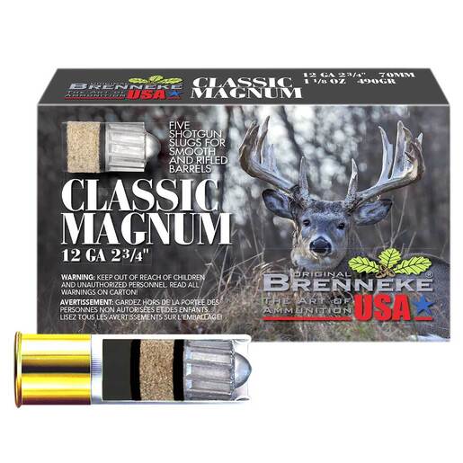 Brenneke Classic Magnum 12 Gauge 2-3/4in Slug 1-1/8oz Lead Shotshells Ammo - 5 Rounds Ammo - Slug 5 Rounds - Slug Ammo