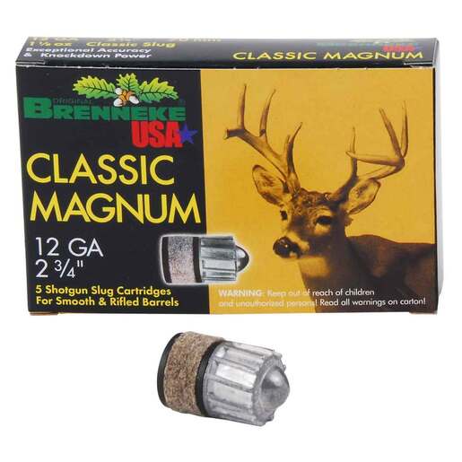 Brenneke Classic Magnum 12 Gauge 2-3/4in 1-1/8oz 492Gr Slug Shotshells – 5 Rounds – Slug