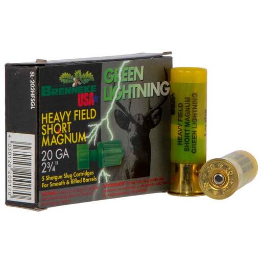 Brenneke Green Lightning 20 Gauge 2-3/4in 1oz 546Gr Slug Shotshells Ammo - 5 Rounds Ammo - Slug 5 Rounds - Slug Ammo