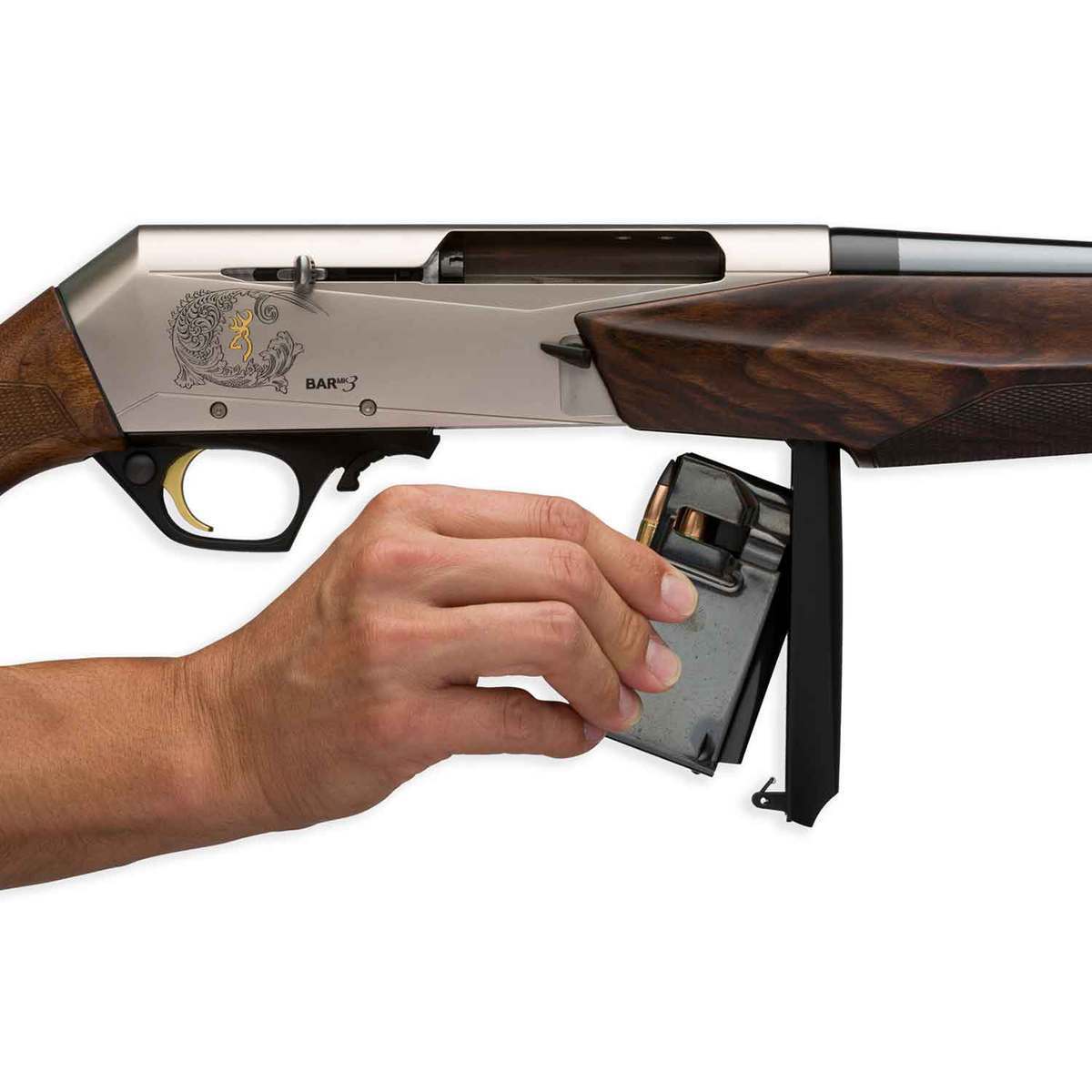 Browning BAR Mark 3 300 Winchester Magnum 24in Walnut/Matte Nickel Semi Automatic Modern Sporting Rifle - 3+1 Rounds Browning BAR Mark 3 300 Winchester Magnum 24in Walnut/Matte Nickel Semi Automatic Modern Sporting Rifle - 3+1 Rounds