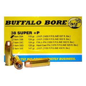 Buffalo Bore 38 Super Auto +P 115gr JHP Handgun Ammo - 20 Rounds
