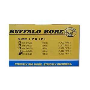 Buffalo Bore 9mm Luger +P 124gr Jacketed Hollow Point Handgun Ammo - 20 Rounds