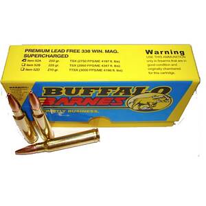 Buffalo Bore Barnes TSX Premium Supercharged 338 Winchester Magnum 250gr Jacketed Hollow Point Rifle Ammo - 20 Rounds
