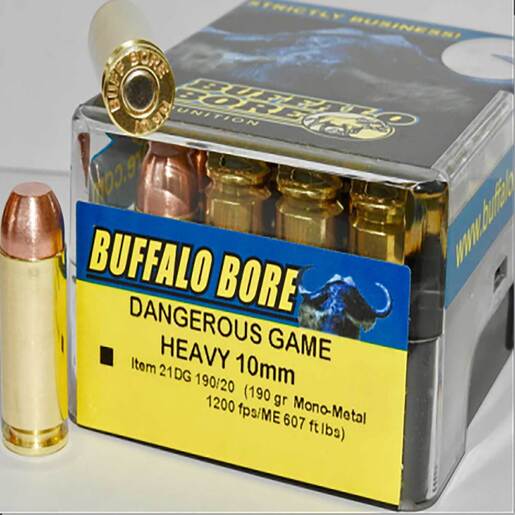 Buffalo Bore Dangerous Game 10mm Auto Mono Metal 190gr Pistol Ammo – 20 Rounds