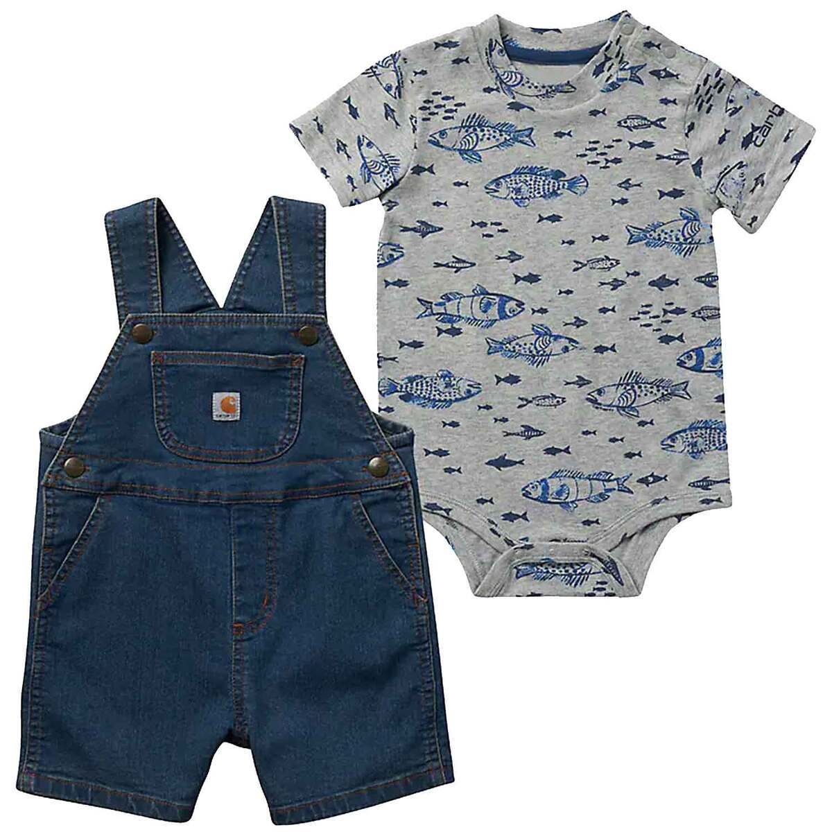 Carhartt Boys' Fish Print Bodyshirt and Denim Shortall 2 Piece Set Carhartt Boys' Fish Print Bodyshirt and Denim Shortall 2 Piece Set