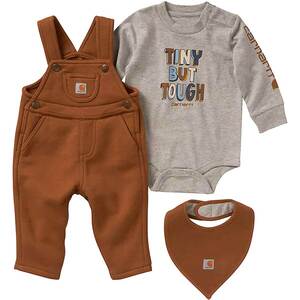 Carhartt Boys' Graphic Long Sleeve Bodyshirt, Fleece Overall, and Food Bib Set - Carhartt Brown - 18M