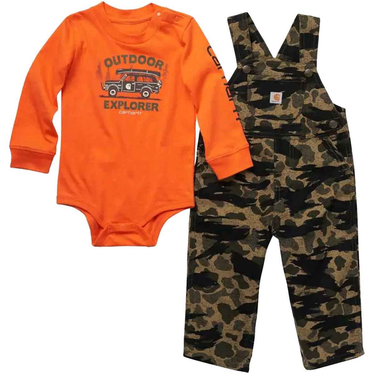 Carhartt Boys' Long Sleeve Bodysuit and Canvas Camo Overall Set Carhartt Boys' Long Sleeve Bodysuit and Canvas Camo Overall Set