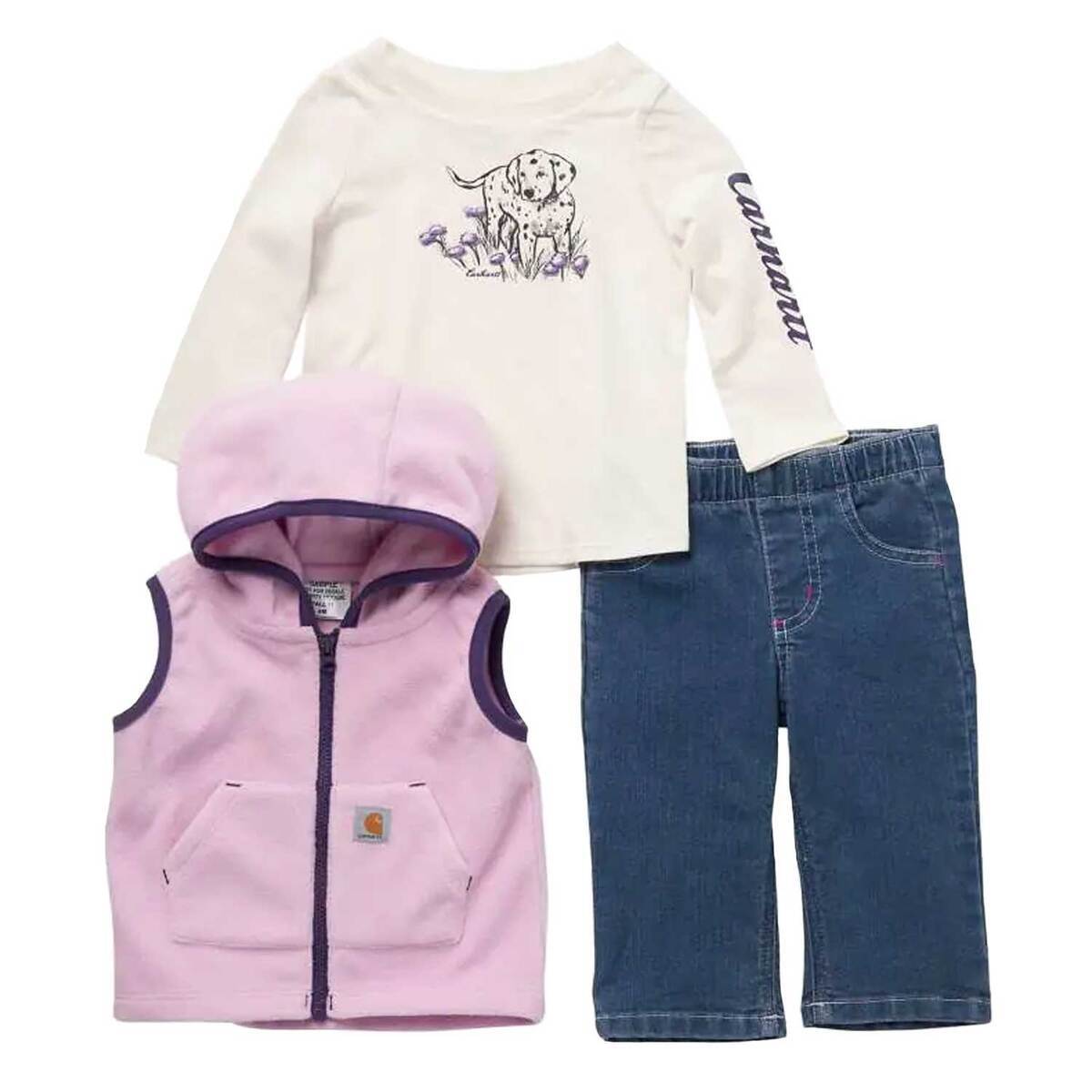 Carhartt Girls' 3-Piece Graphic Long Sleeve Shirt, Fleece Hooded Vest, and Denim Pant Set Carhartt Girls' 3-Piece Graphic Long Sleeve Shirt, Fleece Hooded Vest, and Denim Pant Set