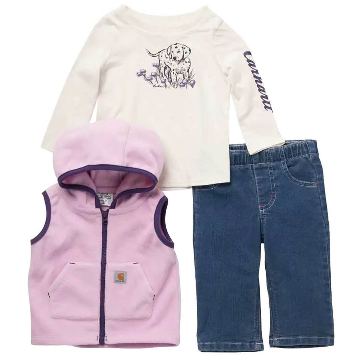 Carhartt Infant Girls' 3-Piece Graphic Long Sleeve Shirt, Fleece Hooded Vest, and Denim Pant Set Carhartt Infant Girls' 3-Piece Graphic Long Sleeve Shirt, Fleece Hooded Vest, and Denim Pant Set