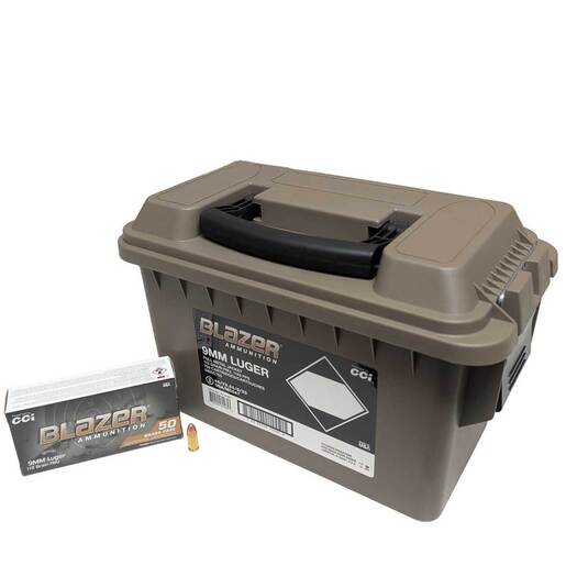 CCI Blazer Brass 9mm Luger 115gr FMJ Handgun Ammo With FDE Can Ammo - Bulk 750 Rounds Bulk 750 Rounds Ammo