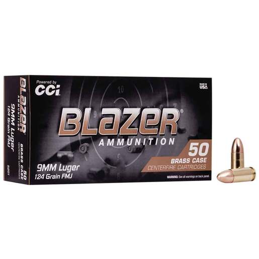 CCI Blazer Brass 9mm Luger 124gr FMJ Handgun Ammo Ammo - 50 Rounds 50 Rounds Ammo