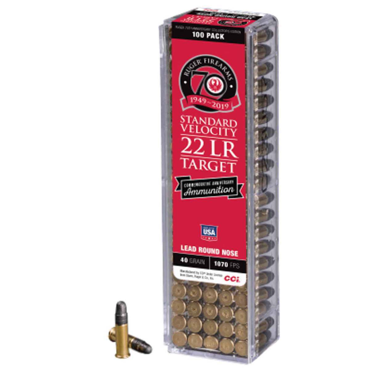 CCI Commemorative Ruger 70th Anniversary Edition 22 Long Rifle 40gr LRN Rimfire Ammo - 100 Rounds CCI Commemorative Ruger 70th Anniversary Edition 22 Long Rifle 40gr LRN Rimfire Ammo - 100 Rounds