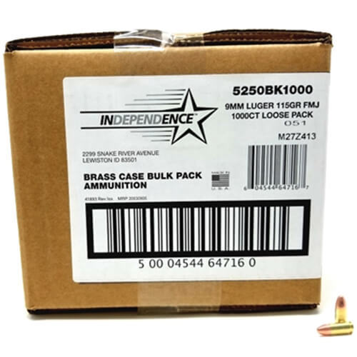 CCI Independence 9mm Luger 115gr FMJ Handgun Ammo Ammo - Bulk 1000 Rounds Bulk 1000 Rounds Ammo
