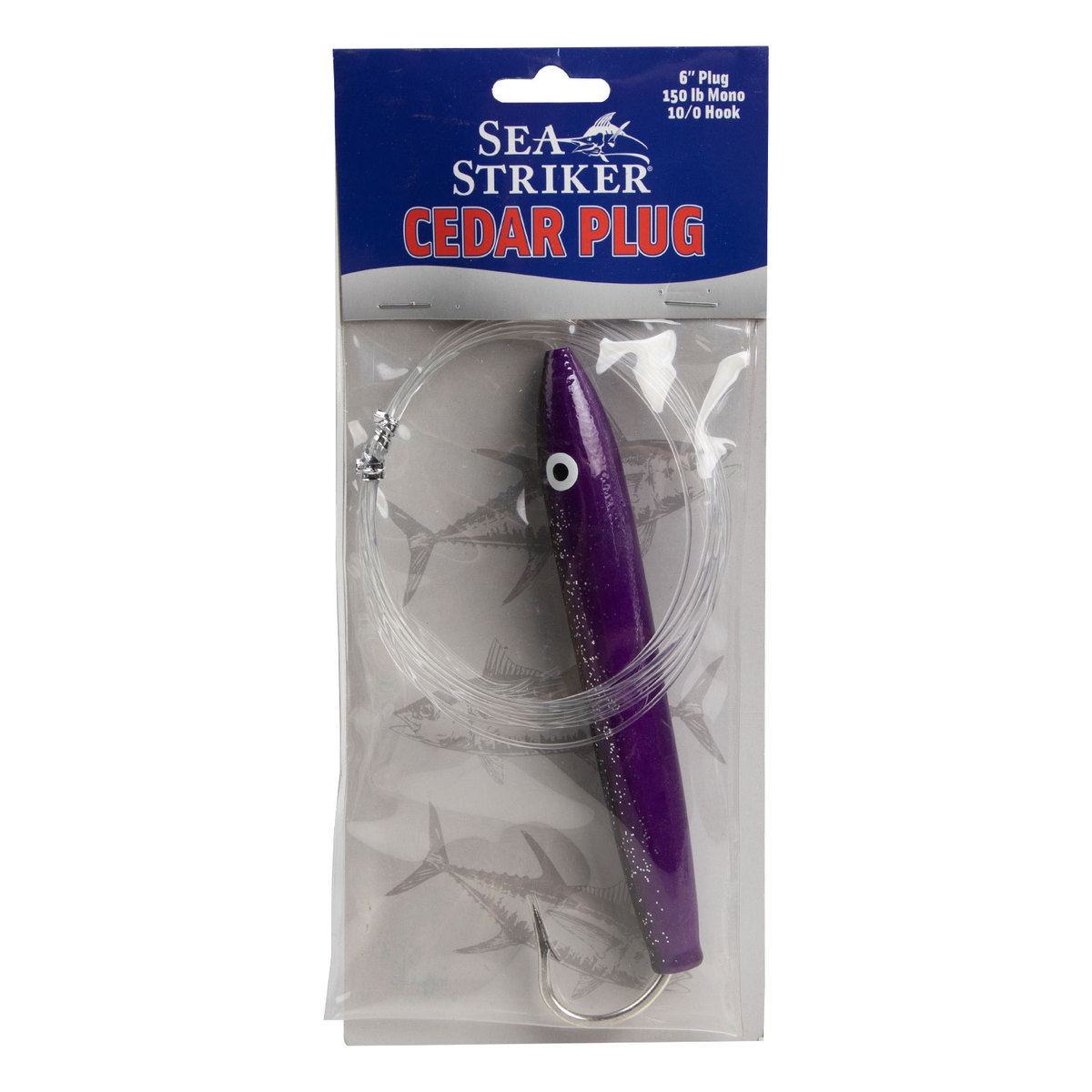Sea Striker Rigged Cedar Plug Topwater Hard Bait - Black/Purple, 6in - Black/Purple 10/0 Sea Striker Rigged Cedar Plug Topwater Hard Bait - Black/Purple, 6in - Black/Purple 10/0