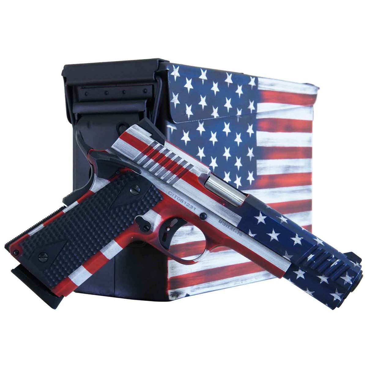 Citadel M-1911 With Ammo Can 45 Auto (ACP) 5in Red/White/Blue Pistol - 8+1 Rounds Citadel M-1911 With Ammo Can 45 Auto (ACP) 5in Red/White/Blue Pistol - 8+1 Rounds