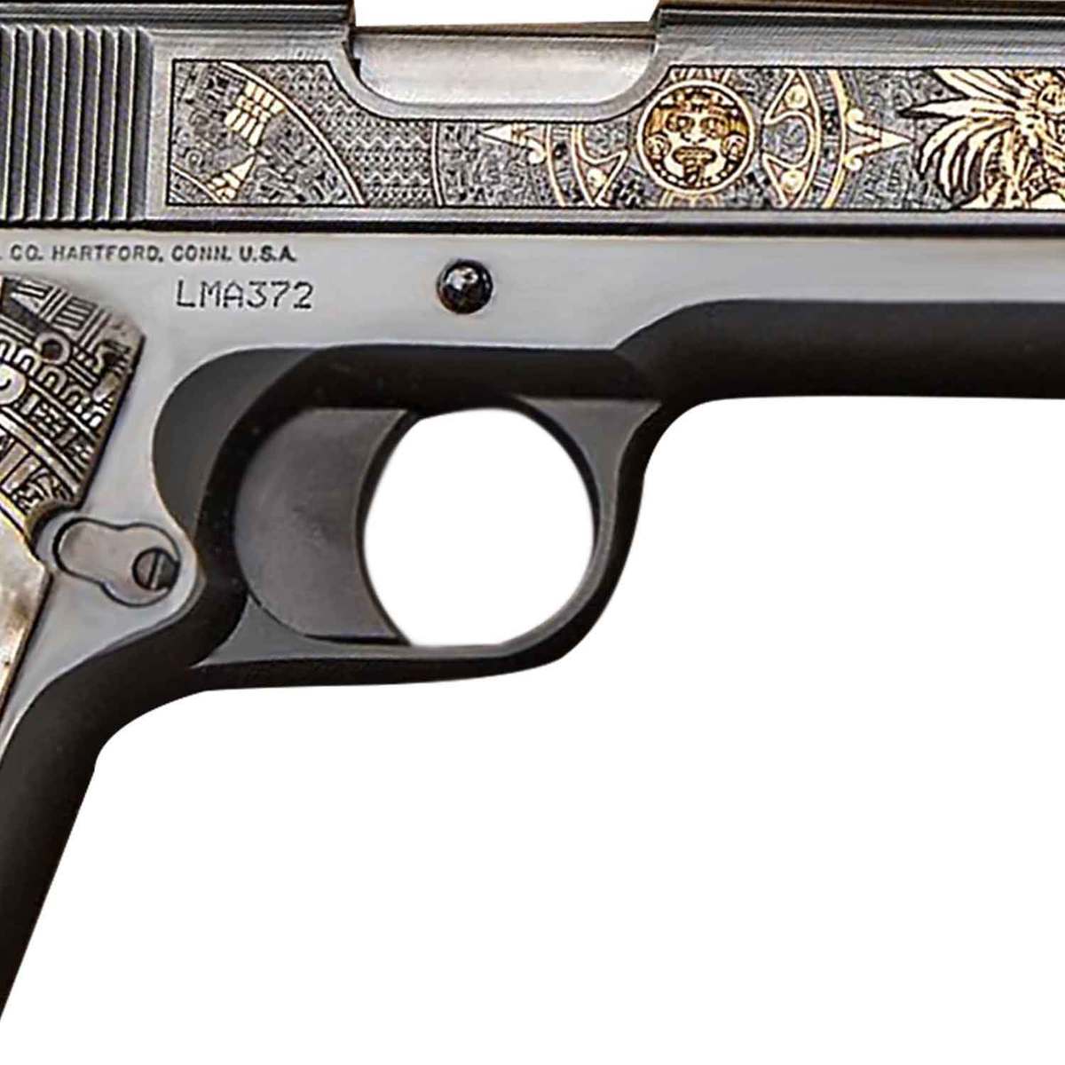 Colt Aztec Jaguar Knight 38 Super Auto 5in Blued/Engraved Pistol - 9+1 Rounds - White/Black/Gold Colt Aztec Jaguar Knight 38 Super Auto 5in Blued/Engraved Pistol - 9+1 Rounds - White/Black/Gold