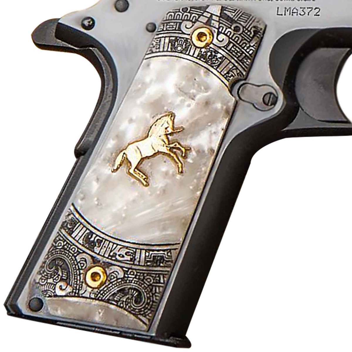 Colt Aztec Jaguar Knight 38 Super Auto 5in Blued/Engraved Pistol - 9+1 Rounds - White/Black/Gold Colt Aztec Jaguar Knight 38 Super Auto 5in Blued/Engraved Pistol - 9+1 Rounds - White/Black/Gold