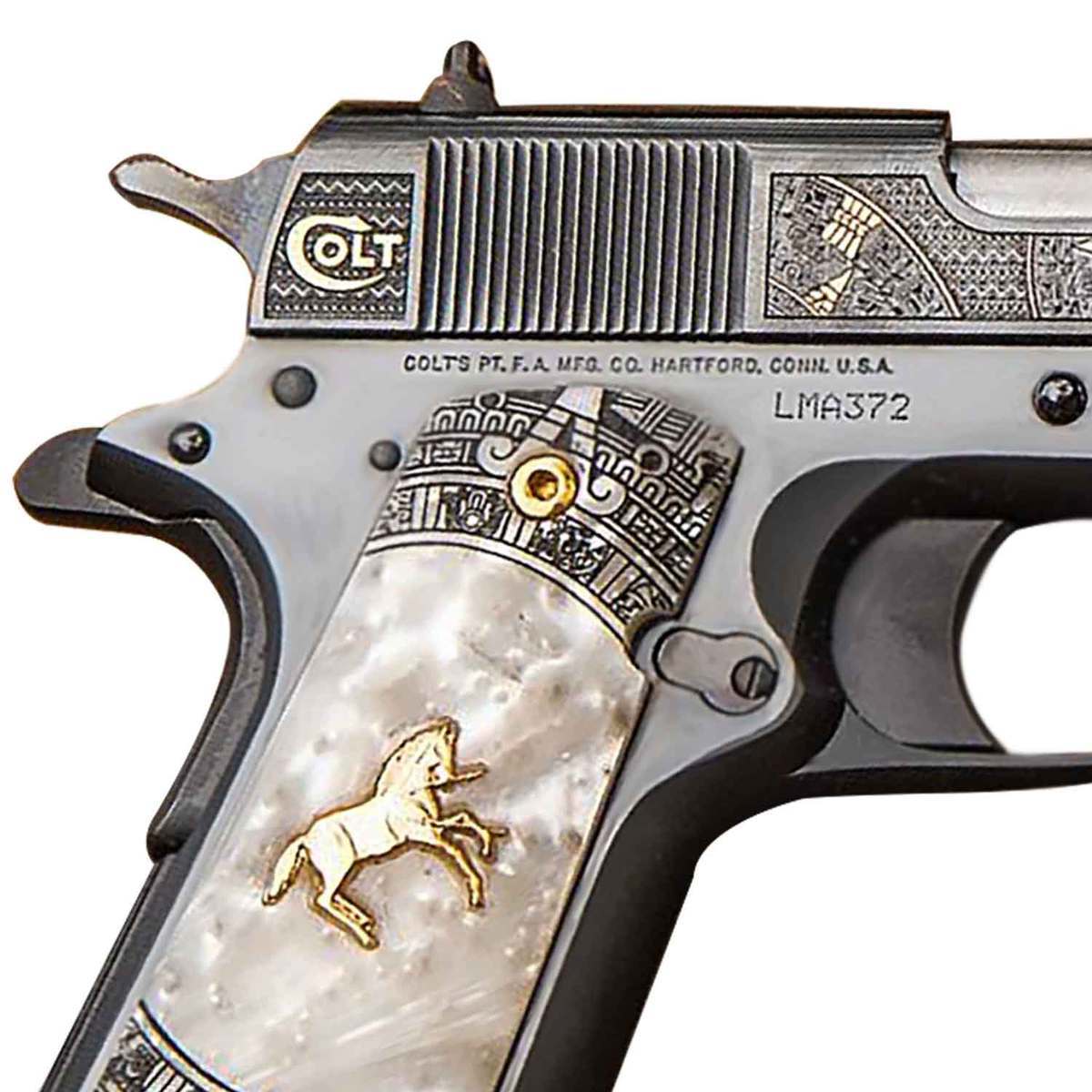 Colt Aztec Jaguar Knight 38 Super Auto 5in Blued/Engraved Pistol - 9+1 Rounds - White/Black/Gold Colt Aztec Jaguar Knight 38 Super Auto 5in Blued/Engraved Pistol - 9+1 Rounds - White/Black/Gold