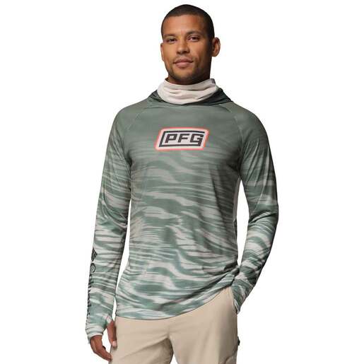 Columbia Men's PFG Super Terminal Tackle Vent Hooded Long Sleeve Fishing Shirt - Dark Stone Currents Fade L