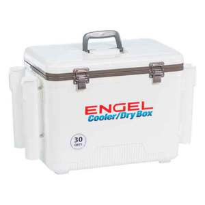 Engel 30 Quarts Cooler/Dry Box with Rod Holders - White