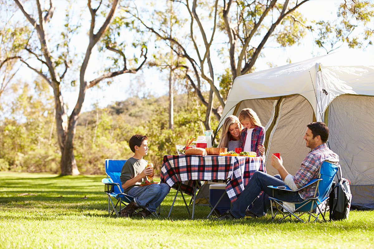 Family camping with tent