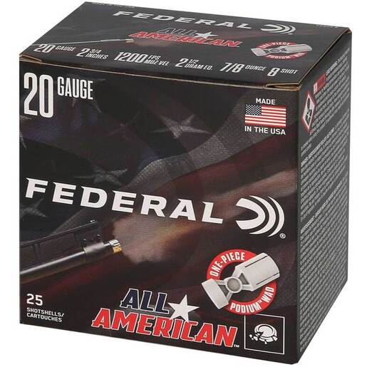 Federal All American 20 Gauge 2-3/4in #8 7/8oz Target Shotshells Ammo - 25 Rounds #8 25 Rounds #8 Ammo