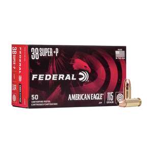 Federal American Eagle 38 Super Auto +P 115gr Jacketed Hollow Point Centerfire Handgun Ammo - 50 Rounds