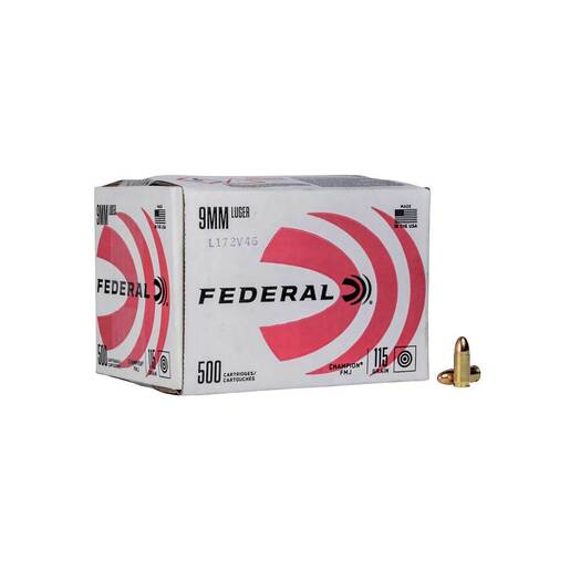 Federal Champion Training 9mm Luger 115gr FMJ Centerfire Handgun Ammo Ammo - Bulk 500 Rounds Bulk 500 Rounds Ammo