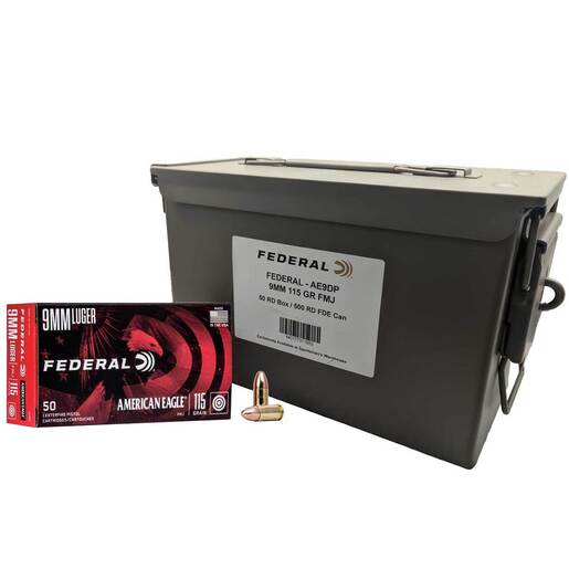 Federal American Eagle 9mm Luger 115gr FMJ Handgun Ammo With FDE Can Ammo - Bulk 500 Rounds Bulk 500 Rounds Ammo