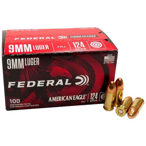 Federal American Eagle 9mm Luger 124gr FMJ Handgun Ammo Ammo - 100 Rounds 100 Rounds Ammo