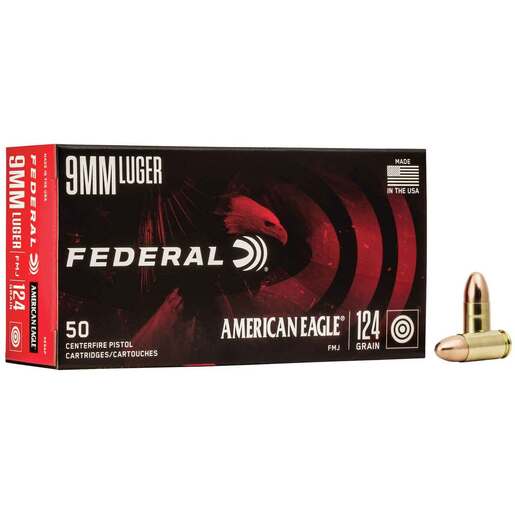 Federal American Eagle 9mm Luger 124gr FMJ Handgun Ammo Ammo - 50 Rounds 50 Rounds Ammo