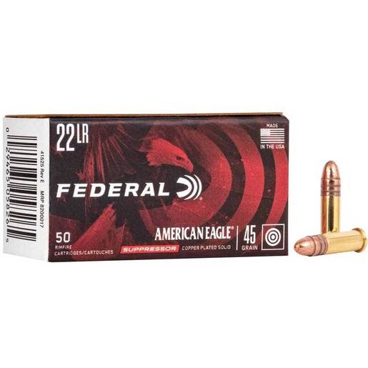 Federal American Eagle Suppressor 22 Long Rifle 45gr CPRN Rimfire Ammo – 50 Rounds