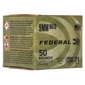 Federal Military Grade 9mm Luger 124gr FMJ Handgun Ammo - 50 Rounds