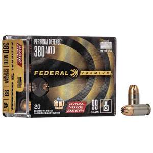 Federal Personal Defense 380 Auto (ACP) 99gr Hydra-Shok Deep Handgun Ammo - 20 Rounds