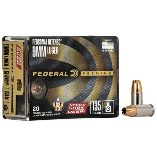 Federal Personal Defense 9mm Luger 135gr Hydra-Shok Deep Handgun Ammo Ammo - 20 Rounds 20 Rounds Ammo