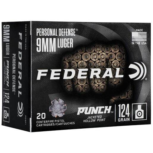 Federal Personal Defense Punch 9mm Luger 124gr JHP Handgun Ammo Ammo - 20 Rounds 20 Rounds Ammo