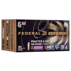 Federal Practice & Defend 45 Auto (ACP) 230gr HST JHP/Syntech TSJ Handgun Ammo - 100 Rounds Federal Practice & Defend 45 Auto (ACP) 230gr HST JHP/Syntech TSJ Handgun Ammo - 100 Rounds