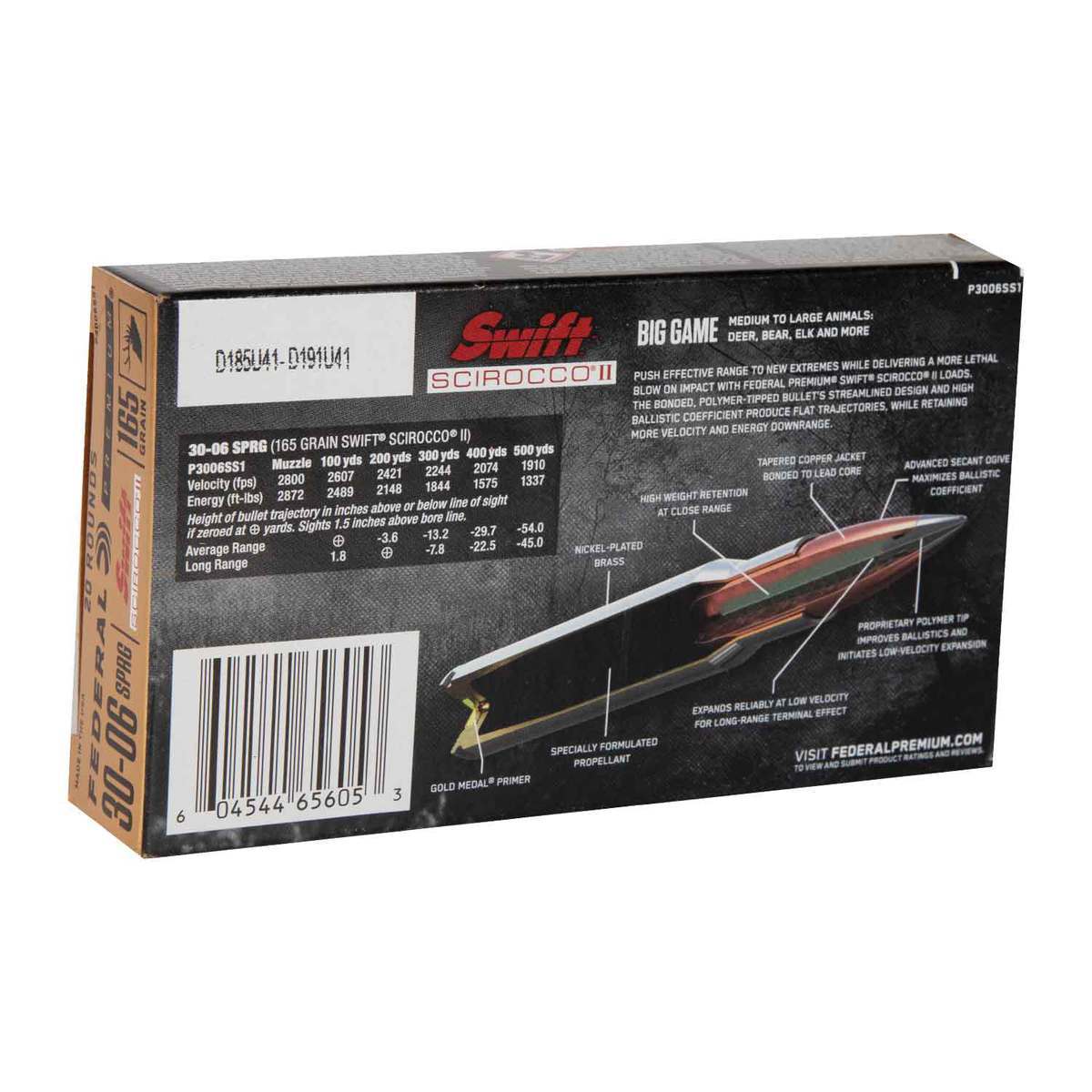 Federal Premium 30-06 Springfield 165gr Swift Scirocco II Rifle Ammo - 20 Rounds Federal Premium 30-06 Springfield 165gr Swift Scirocco II Rifle Ammo - 20 Rounds