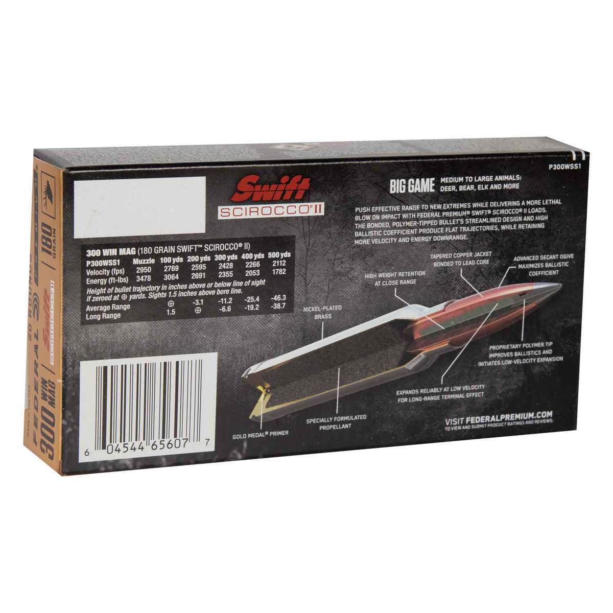 Federal Premium 300 Winchester Magnum 180gr Swift Scirocco II Rifle Ammo - 20 Rounds Federal Premium 300 Winchester Magnum 180gr Swift Scirocco II Rifle Ammo - 20 Rounds