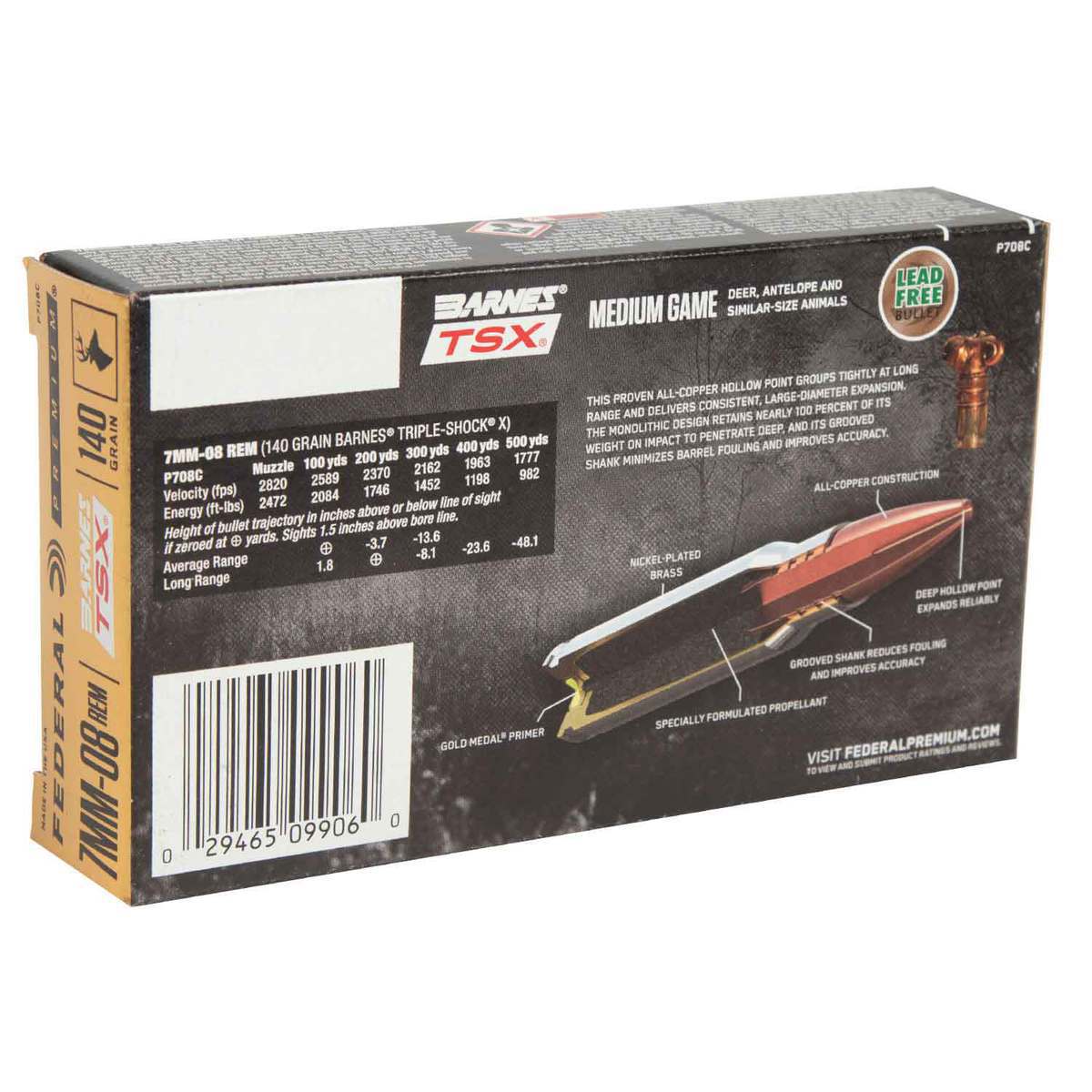 Federal Premium 7mm-08 Remington 140gr Barnes TSX Rifle Ammo - 20 Rounds Federal Premium 7mm-08 Remington 140gr Barnes TSX Rifle Ammo - 20 Rounds